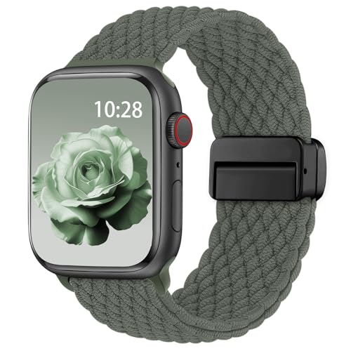 Braided Strap Compatible with Apple Watch Straps 40mm 41mm 38mm 42mm 44mm 45mm 46mm 49mm,Nylon Elastic Magnetic Snap Strap for iWatch Series 11 10 9 8 7 6 5 4 3 2 1 SE3 Ultra3,Women & Men,Dark Green