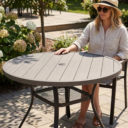 Image of VICLLAX Metal Outdoor Dining Table for 4, All Weather 40.7 inch Black Round Patio Table with Adjustable Umbrella Hole for Lawn, Garden, Balcony and Poolsides, Grey Wood Grain Tabletop