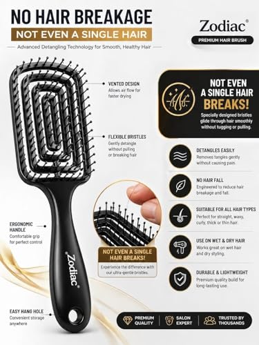 Image of Zodiac Vented Detangling Hair Brush for Women & Men | Anti-Tangle Flexible Bristles | Wet & Dry Use | Styling Comb