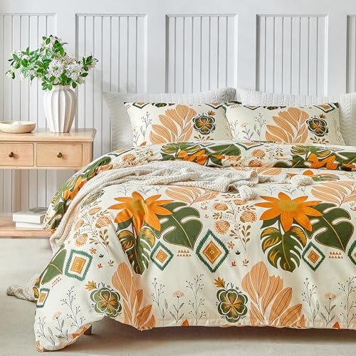 Lekesky Parure de lit double avec housse de couette à motif de tournesol vintage - Parure de lit double imprimé fleurs et feuilles (1x couvre-lit, 2x taies...