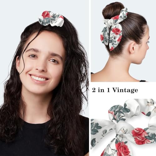 Image of Red Blooming Rose Flowers Black Working Cap with Scrunchy and Ribbon Tie for Women, Long Hair