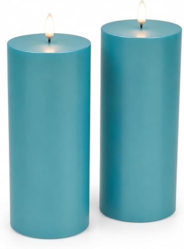 Blue Flameless Candles Battery Operated 8 x 3 Inch, Set of 2 Waterproof LED Pillar Candles with 6 Hour Timer for Front Porch Mantel Decor, Entryway Decor