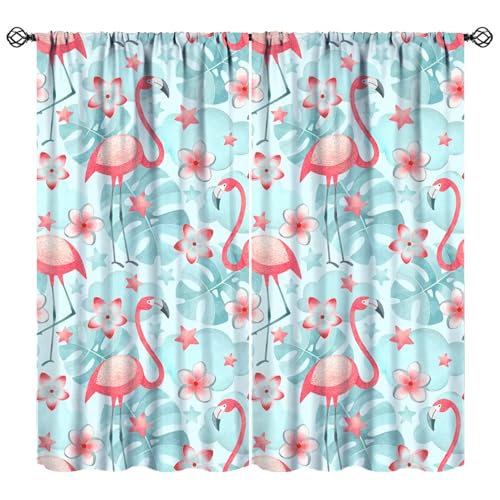 Nitmbi Flamingo Blackout Curtains，Pink Flamingo Gray-Blue Palm Leaf Background Pattern