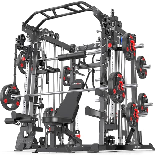 Smith Machine，Multi-Function Squat Rack Power Cage with Cable Crossover System,with