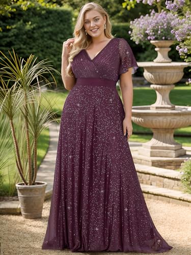 Image of Ever-Pretty Plus Women's Glitter Formal Dress Evening Gown for Gala V-Neck Short Sleeve Floor Length Plus Size Prom Dresses