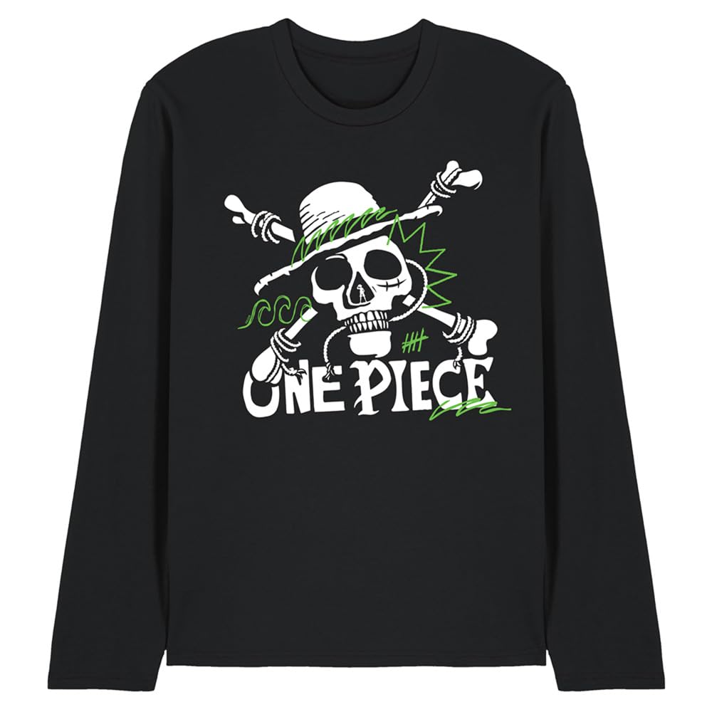 One Piece Green Doodle Jolly Roger Logo Unisex Long Sleeve T-Shirt, Black, XX-Large