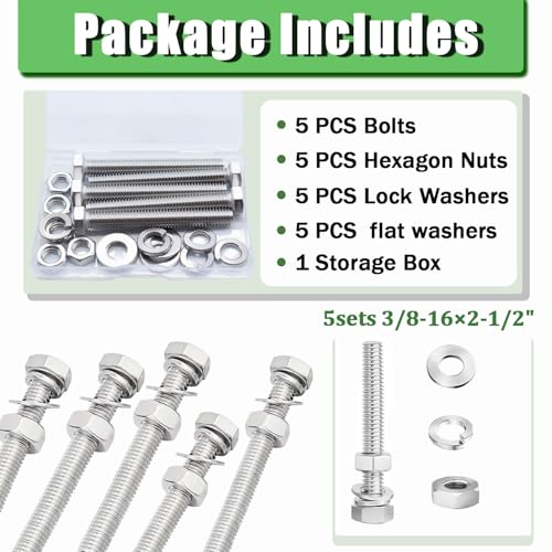Image of 5 Sets 3 /8-16 x 2-1 /2 inch Stainless Steel Hex Head Screws Bolts, Nuts, Flat & Lock Washers,18-8(304) Full Thread