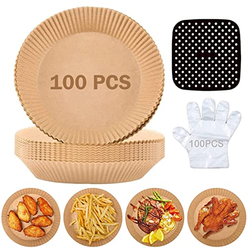 Air Fryer Liner Disposable 100PCS, Non-Stick Air Fryer Parchment Paper Oil-proof, Water-proof for Air Fryer Basket, Baking, Roasting, Microwave with 100PCS BPA free Gloves & Silicon Liner