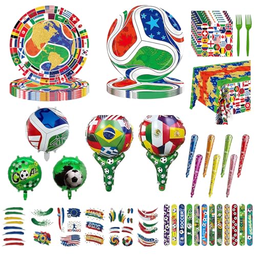 93PCS World Cup 2026 Party Decorations Serve 16 Sports Soccer Theme Party Decorations- Includes Plates Napkins Tablecloth Forks12 Slap Bracelet 10 foil balloons and 6 temporary tattoos
