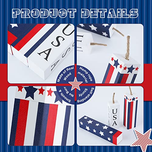 Image of Amyhill 3 Pcs 4th of July Decorations Set Wooden Patriotic Table Centerpieces Independence Day Wood Firework Fourth of July Table Signs for 250th Anniversary Home Farmhouse Decor (Flag)