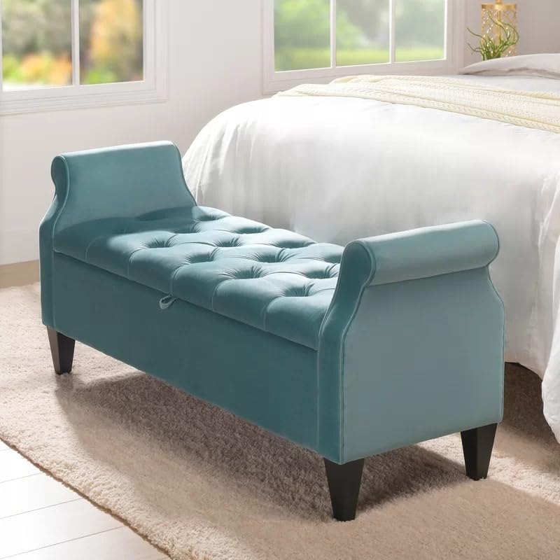 Image of Velvet Storage Ottoman Bench with Rolled Arms | Tufted Upholstered Sofa Bench with Hidden Storage | End of Bed Bench for Bedroom Living Room Entryway Seating | Modern Lounge Footrest Seat|Teal Green