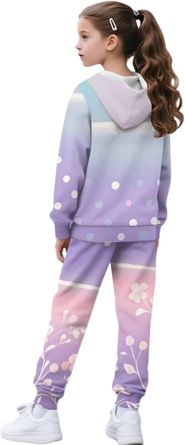 Girls Ice Cream 2 Piece Long Sleeve Hooded Sweatshirt Jogger Pants Set Fall Winter Tracksuit for Kids 6-15Y