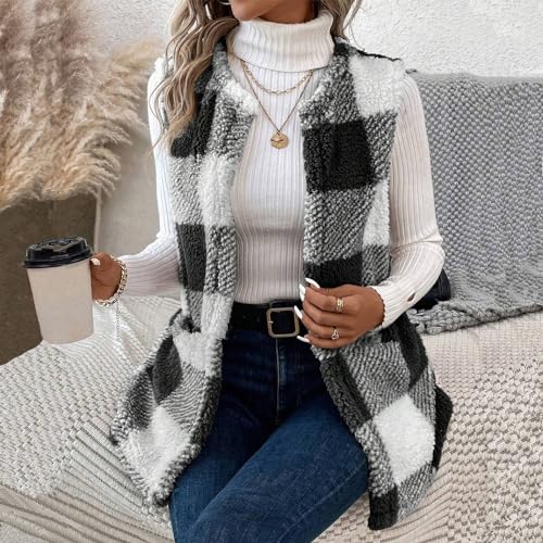 Fotemix Womens Sherpa Vest Casual Warm Plaid Print Open Front Vest Coat Sleeveless Fleece Jacket Pockets,Teddy Coat(3 Colors) (Us thumb #1