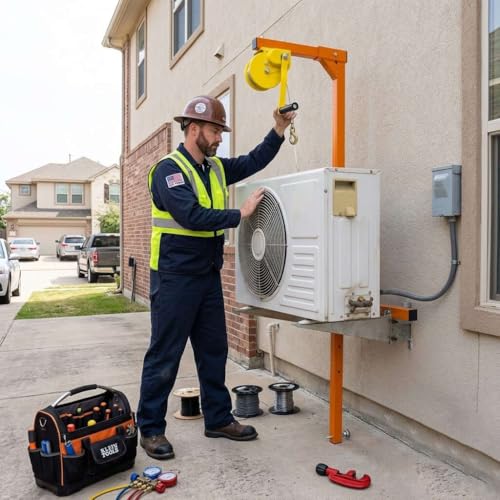 AC Condenser Llift, 60 FT Lifting Height Air Conditioner Installation Crane, Wall Mounted AC Hoist Adjustable Length Hand Winch, 1200LBS Loading Capacity, Crane Bracket for Commercial, Industrial Use