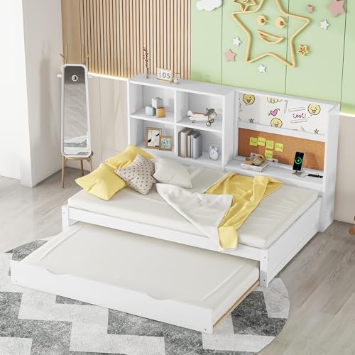 okwish Schiebebett Schlafsofas 90x200 cm Kinderbett mit Regale, Jugendbett Funktionsbett mit Steckdose & USB, Ausziehbett Daybett Gästebett, Holzbett Bettgestell mit Lattenrost, Weiß(Ohne Matratze)
