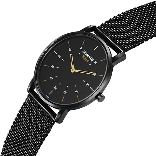 Image of Sonata Sleek Quartz Analog Black Dial Black Stainless Steel Strap Watch for Men