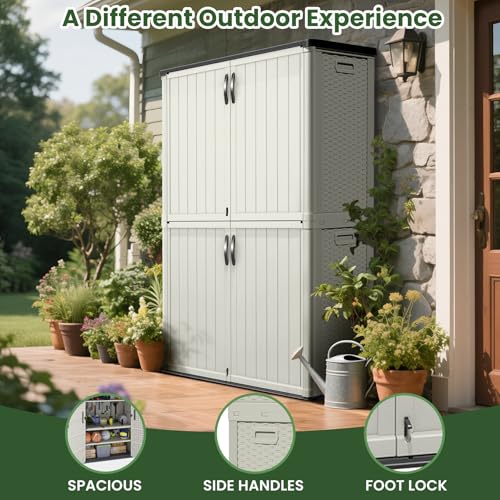 Image of Greesum Outdoor Storage Shed Without Divider, 50 cu.ft Outdoor Waterproof Storage Cabinet for Garden Tools, Garbage Cans, Pool Storage, Beige