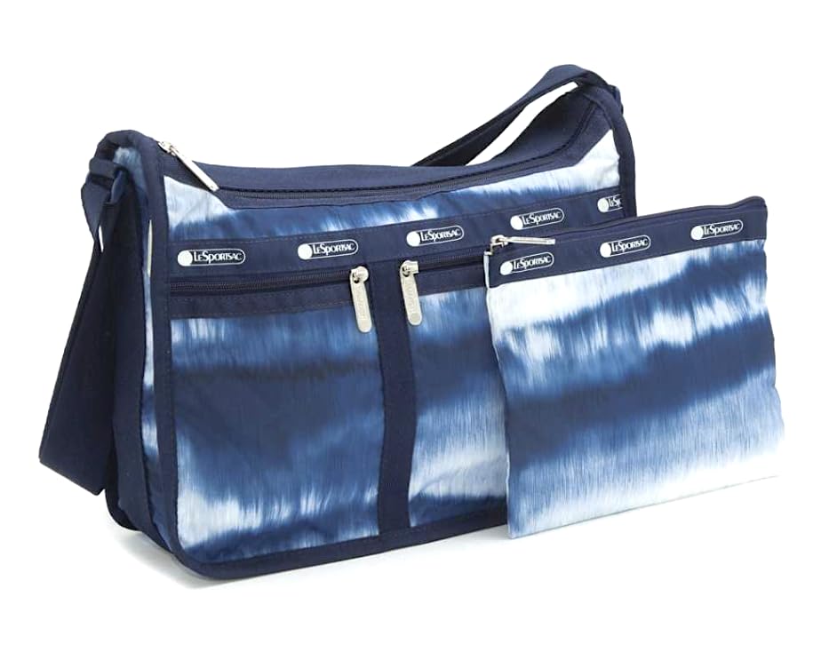 LeSportsac Indigo Dream Deluxe Everyday Crossbody Bag + Cosmetic Bag, Style 7507/Color E634, Soothing Oceanic Shades of Indigo, Sky Blue & White, Create Mesmerizing Artful Tie-Dye Inspired Design
