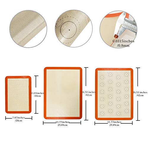 Silicone Baking Mat Set of 3(2 Half and 1 Quarter) Sheet Non Stick Reusable Silicone Pastry Baking Mat for Rolling Dough Kitchen Kneading Mat for Making Cookies, Macaron, Bread, Reusable Oven Liner