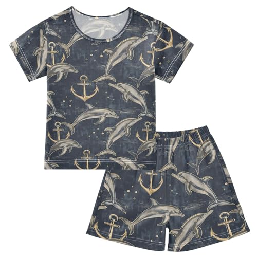 ALAZA Dolphins and Anchor Pajama Set Short Sleeve Sleepwear Soft Lounge Nightwear
