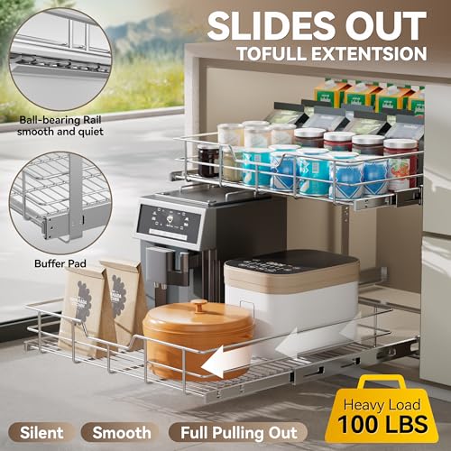 Image of 2 Tier Pull Out Cabinet Organizer 15 inch W X 17 inch D, Chromed, Full Slide Out