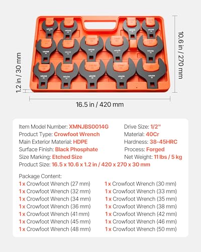 Image of VEVOR Crowfoot Wrench Set, 1 /2 inch Drive, 14-Piece Metric 27 to 50 mm Crows Foot Wrenches, with Storage Tray, Dual Size Markings on Tools and Tray, for Auto Maintenance or Repairs