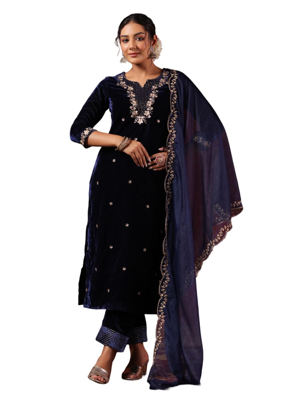 Ishin Women's Velvet Embroidered Navy Blue Straight Kurta Suit Set With Trousers And Dupatta