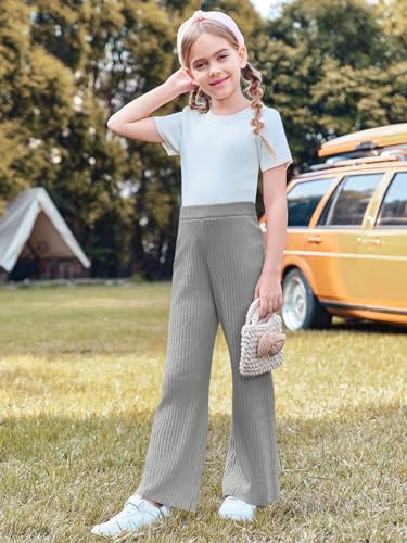 Image of Haloumoning Girls Solid Rib Knit Wide Leg Pants Elastic Waist Flowy Casual Sweater Pants 5-14 Years