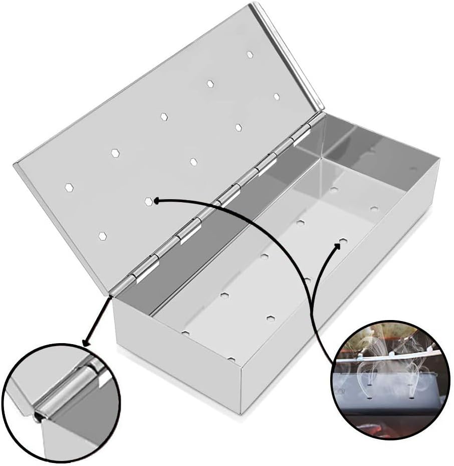Miniatura 3 de Caja ahumadora de 9 pulgadas para parrilla de gas o carbón, caja de virutas de madera de acero inoxidable con tapa con bisagras, añade un delicioso