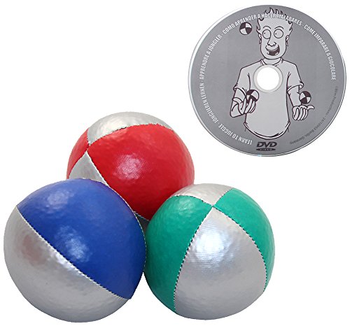 Juggle Dream - Pack de 3 x Bolas de Malabares Profesionales y DVD Aprender malabarismo, Color Rojo/Plata, Azul/Plata, Verde/Plata (AMPAC-015/ST)