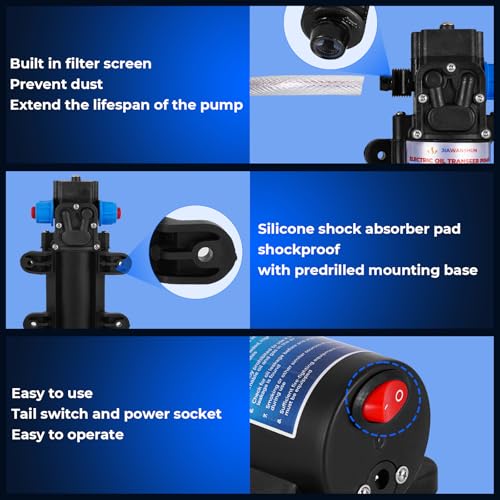 JIAWANSHUN 12V Fuel Transfer Pump Set - 6L/min Gasoline Diesel Oil Water Pump with 13ft High Elastic Fuel Pipe & 2 Power Cables for Vehicles, Boats, Motorbike