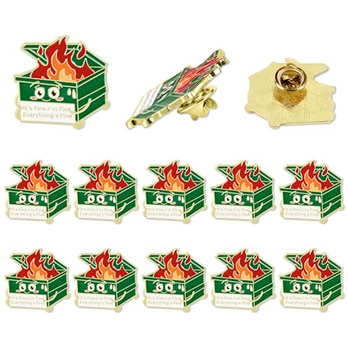 Image of 10pcs Dumpster Fire Pin, Positive Trash Enamel Lapel Brooch Pin with 10 Buttons It's Fine I'm Fine Everything is Fine Pins Inspirational Garbage Fire Pins Jewelry Gifts for Christmas