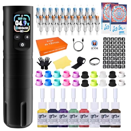 KVM Wireless OLED Tattoo Pen Kit Tattoo Gun Kit Cartridges Wireless Rotary Tattoo Gun Kit Includes 57 Tattoo Accessories Suitable for Tattoo Artists（Tattoo ink are for tattoo practice use only）