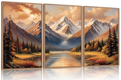 FWIEXA Natural Mountain Framed Canvas Wall Art Set, Pine Tree