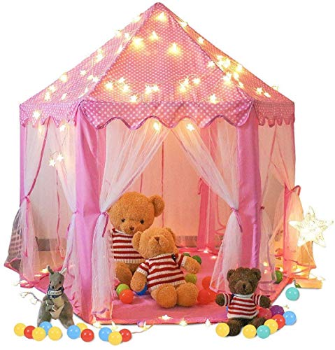 Springbuds Princess Castle Play Tent for Girls Large Kids Play Tents Hexagon Playhouse with Star Lights Toys for Children Indoor Outdoor Games, 55'' x 53'' (DxH) (Pink)