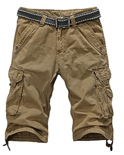 XQS Mens Casual Military Solid No Belted Pleated Cargo Short Yellow S