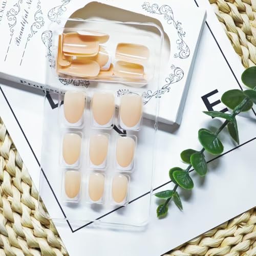 Image of French Tip Press on Nails White Fake Nails Short Square False Nail Nude Glue on Nails Glossy Acrylic Full Cover Stick on Nail for Women DIY Nail Art Decoration 24pcs