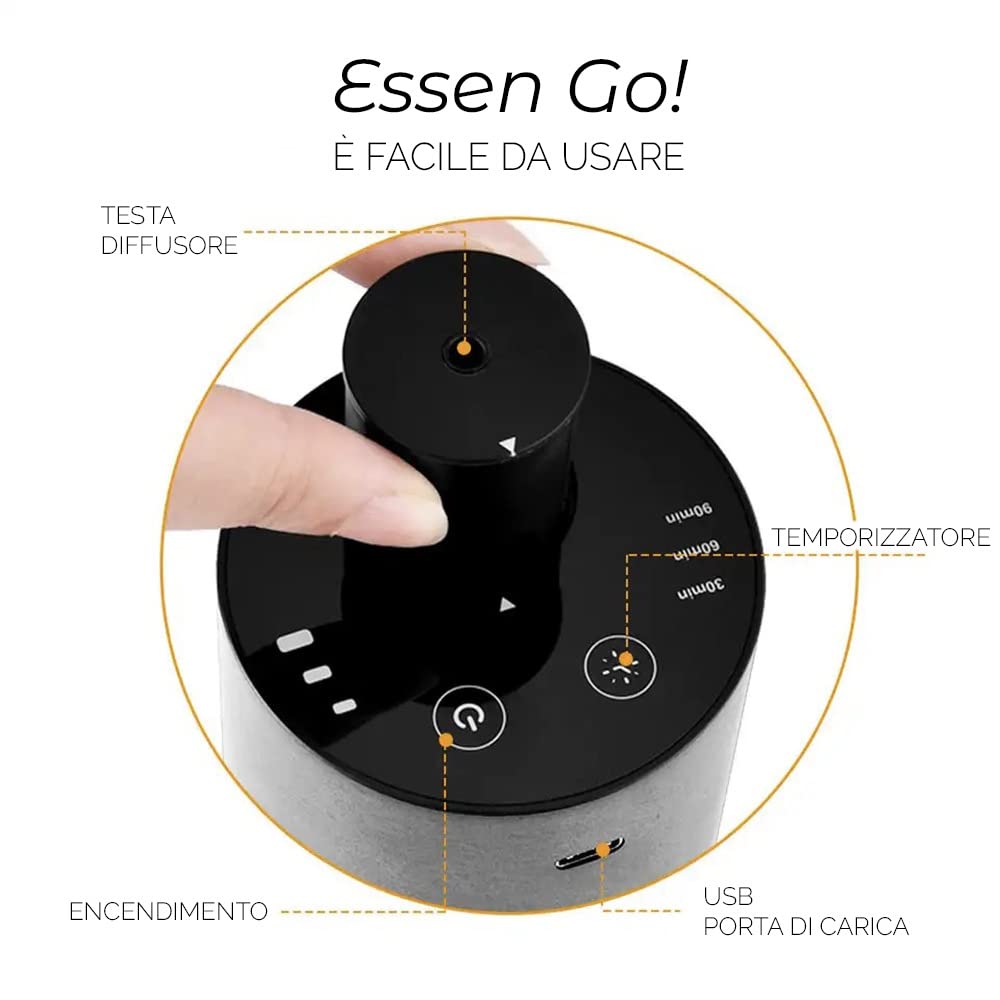 Profumatore Auto ESSENGO con Oli Essenziali - Fragranza Naturale e Durevole, Regola l'Intensità a Tuo Piacimento - Senza acqua né cavi, include 2x10ml di Limone ed Eucalipto.
