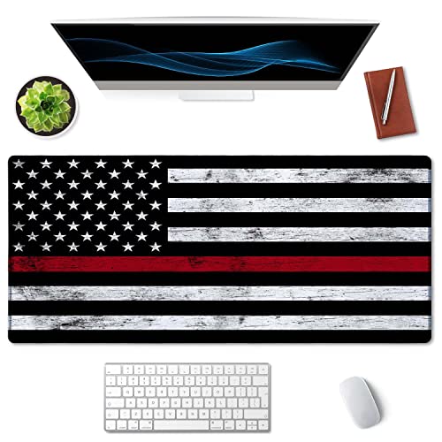 Image of SSOIU Extended Gaming Mouse Pad (35.5x15.7 in), Large Stable Rubber Base Mousepad with Stitched Edges, Keyboard Mouse Mat Desk Pad for Work, Game, Office, Home - Fire Fighter Thin Red Line Flag