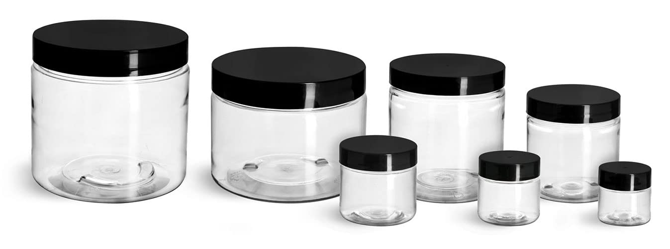 4 oz Plastic Jars, Clear PET Straight Sided Jars w/Black Smooth Induction Lined Caps