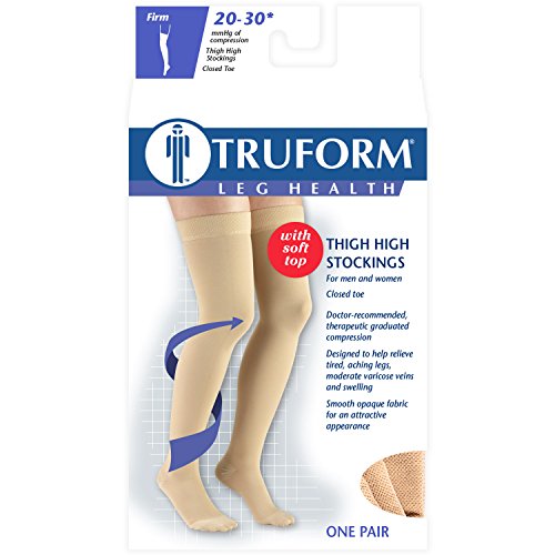 Image of Truform 20-30 mmHg Compression Stockings for Men and Women, Thigh High Length, Closed Toe, Beige, X-Large