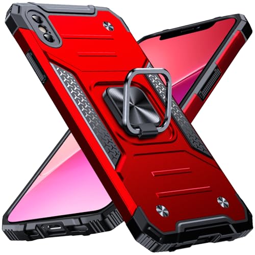 Image of Anqrp Heavy Duty Case for iPhone X /XS Case with Enhanced Ring Holder Grip Stand, Military Grade Shockproof Rugged Drop Protective Silicone Hard Slim iPhone X /XS Phone Case Cover,Corail Red