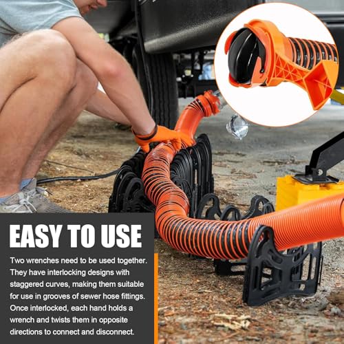 Image of 2 PCS RV Sewer Hose Connection Wrench, 11 inch ABS Multi-function Labor-saving Disconnect Tool for 3 inch and 4 inch Sewer Pipe, Offset Open Curve Design Wrench, Universal for RVs Repair Part (Orange)