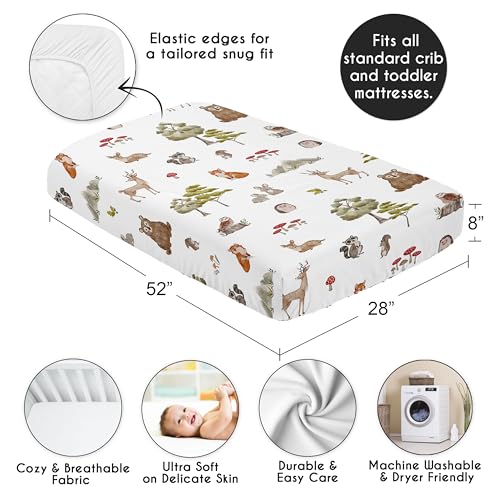 Image of Sweet Jojo Designs Fitted Baby Crib Sheets (Woodland Animals) for Boys or Girls, Infant Nursery, Toddler Room - Standard Size (Forest Animal Friends, Neutral, Watercolor, Brown Bear, Hedgehog, Fox)