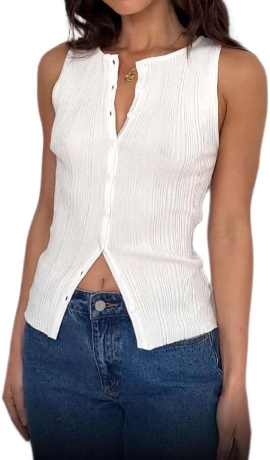 KMBANGI Women Button Down Knitted Vest Ribbed Tank Tops Button Up Open Front Knit Shirt Sleeveless Slim Fit Dressy Top - Image 2