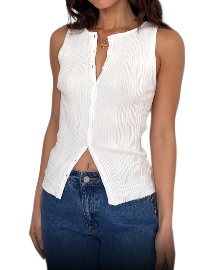 KMBANGI Women Button Down Knitted Vest Ribbed Tank Tops Button Up Open Front Knit Shirt Sleeveless Slim Fit Dressy Top2
