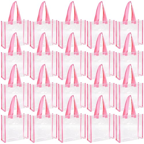 Paterr 20 Pack Plastic Clear Tote Bags 10 x 10 x 4 Inch Stadium Approved Gift Bag with Handles for Women Sports Work Travel (Pink)