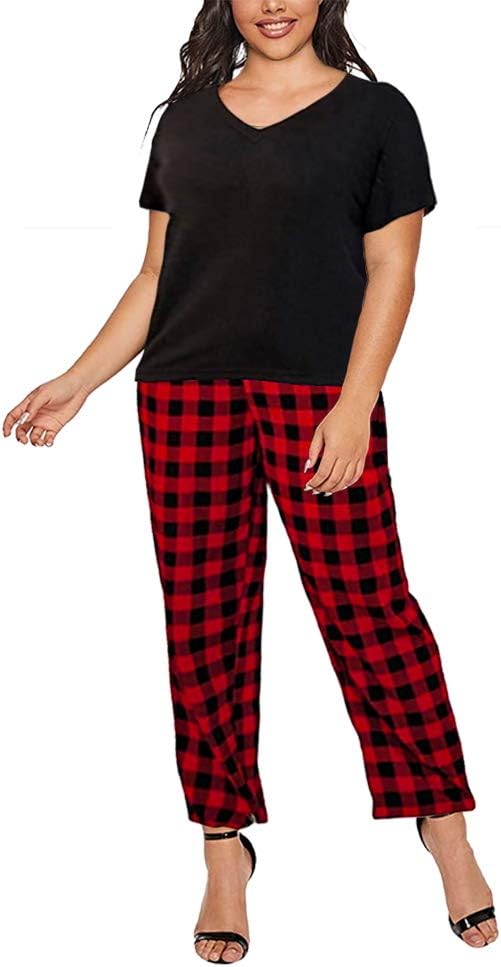 Women Plus Size Pajamas Set Plaid Lounge Pants V-Neck Short Sleeve Cotton T Shirt 2 Piece Sleepwear - Image 6