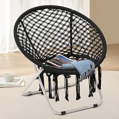 KROFEM Moon Saucer Chair, Boho Living Room Chair, Cute Bohemian Folding Round Circle Bedroom Chair, Ideal for Adults and Teens, Black, Gift for Children Cover