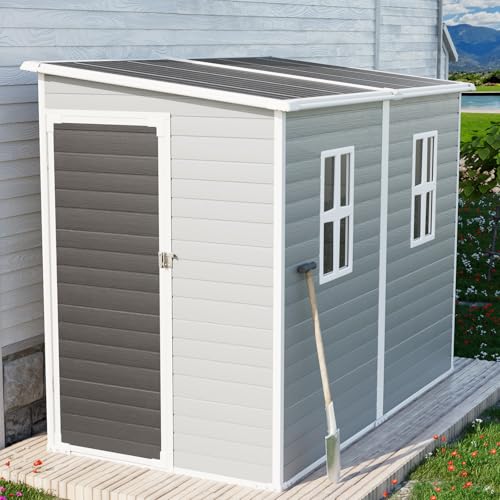 CDCASA 4x8 FT Resin Lean to Shed, Waterproof Outdoor Storage Sheds with Floor & Lockable Door & 2 Windows, Vent, Outside Plastic Tool Shed for Backyard Patio Poolside Lawn, Gray